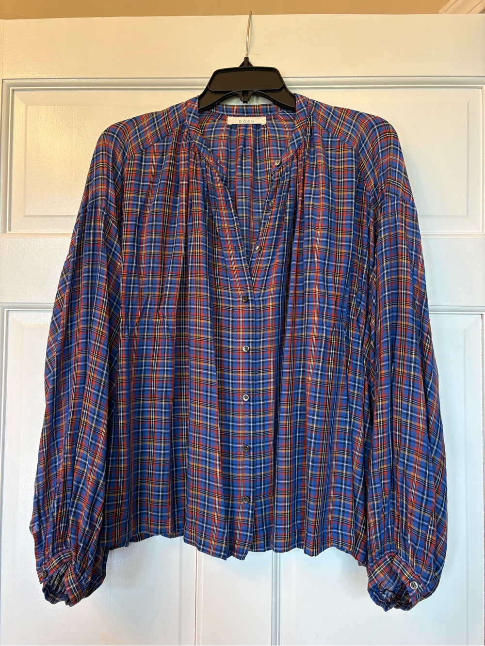 Doen Jane blouse in blue plaid. Size small.